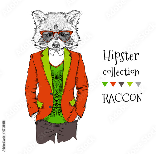 llustration of Raccoon hipster dressed up in jacket, pants and sweater. Vector illustration