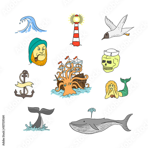 Marine themes & tattoo. Sailor. Ocean. Octopus. Whale. Skull. Anchor. Vector illustration in doodle style.