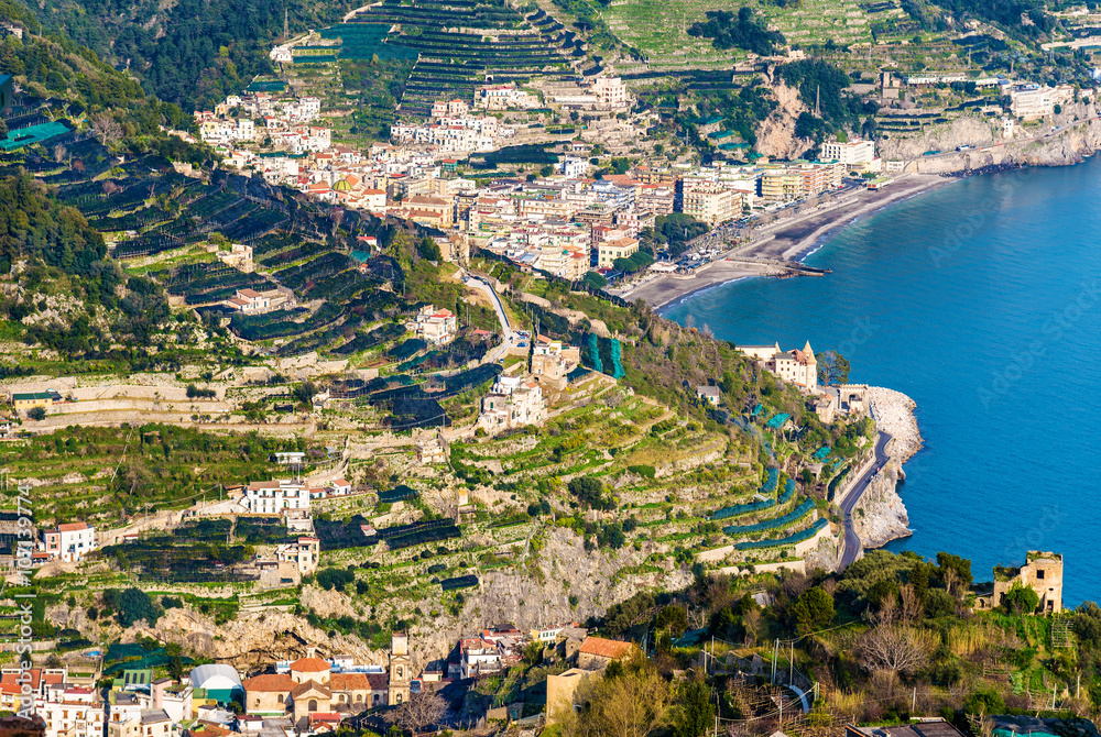 View of Minori and Maiori towns on the Amalfi Coast