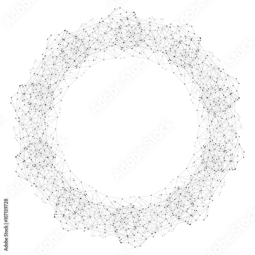  Round vector shape, molecular construction with connected lines and dots, scientific or digital design pattern isolated on white