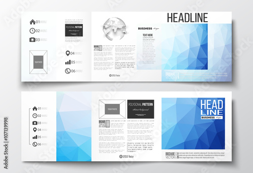 Vector set of tri-fold brochures, square design templates. Abstract colorful polygonal background, modern stylish triangle vector texture