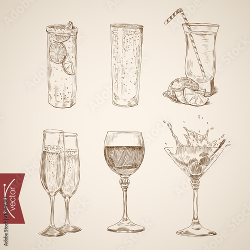 Cocktail lemonade wine alcohol glasses engraving vector vintage