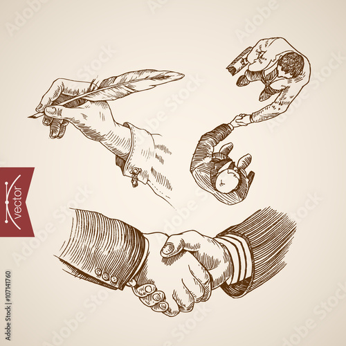 Businessman handshake contract deal engraving vintage vector