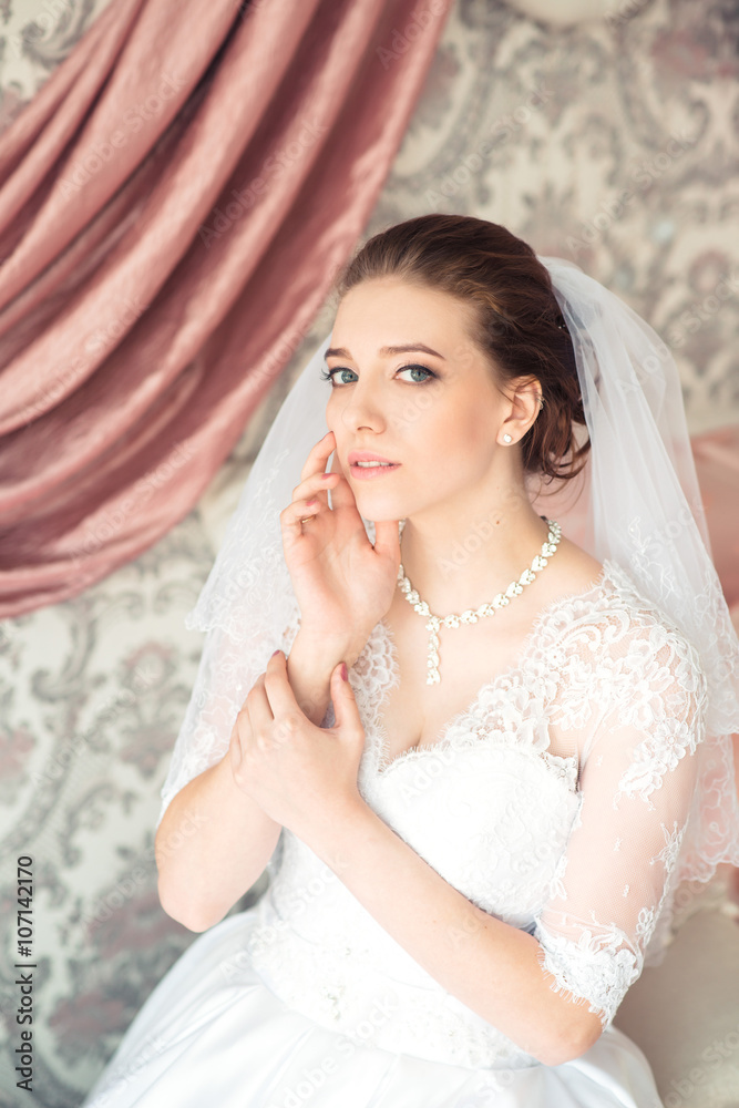 Portrait of beautiful bride. Wedding dress. Wedding decoration Portrait of beautiful bride. Wedding dress. Wedding decoration