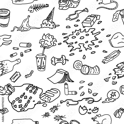 Seamless pattern with street garbage and waste in doodle style.