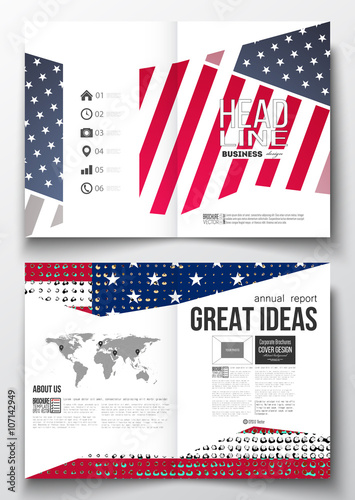 Set of business templates for brochure, magazine, flyer, booklet or annual report. Memorial Day background with abstract american flag, vector illustration