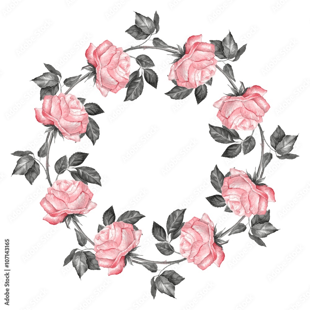 Floral wreath, isolated on white background. Watercolor roses 4 Stock ...