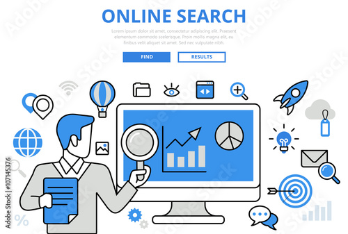 Online search results SEO concept flat line art vector icons