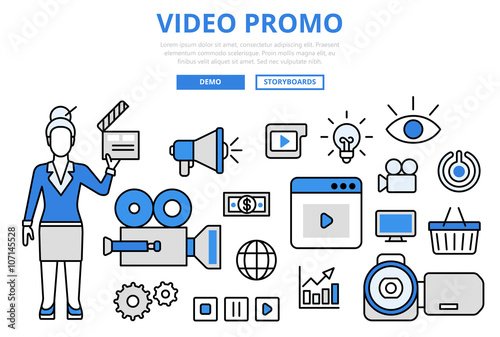 Video promo digital marketing concept flat line art vector icons