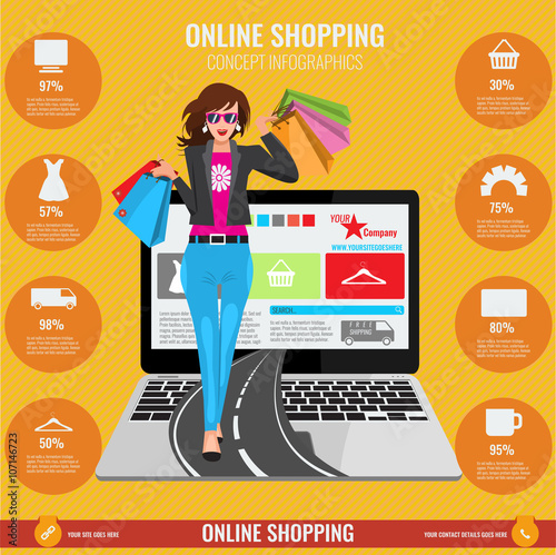 Online shopping concept infographics in vector. Woman walking from laptop 