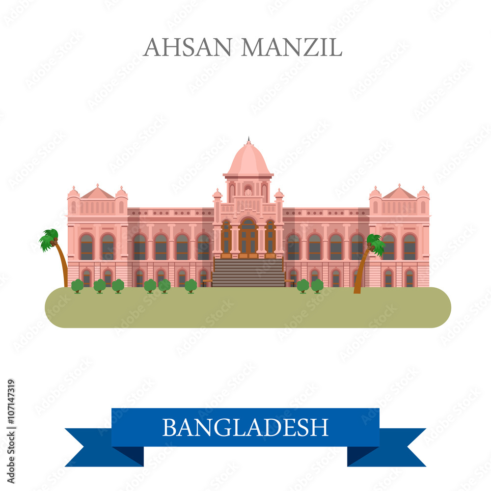 Ahsan Manzil palace Bangladesh landmarks vector flat attraction