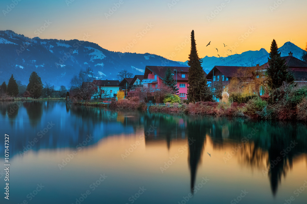 Beautiful view of the river and the house to Interlaken, Switzerland Beautiful view of the river and the house to Interlaken, Switzerland
