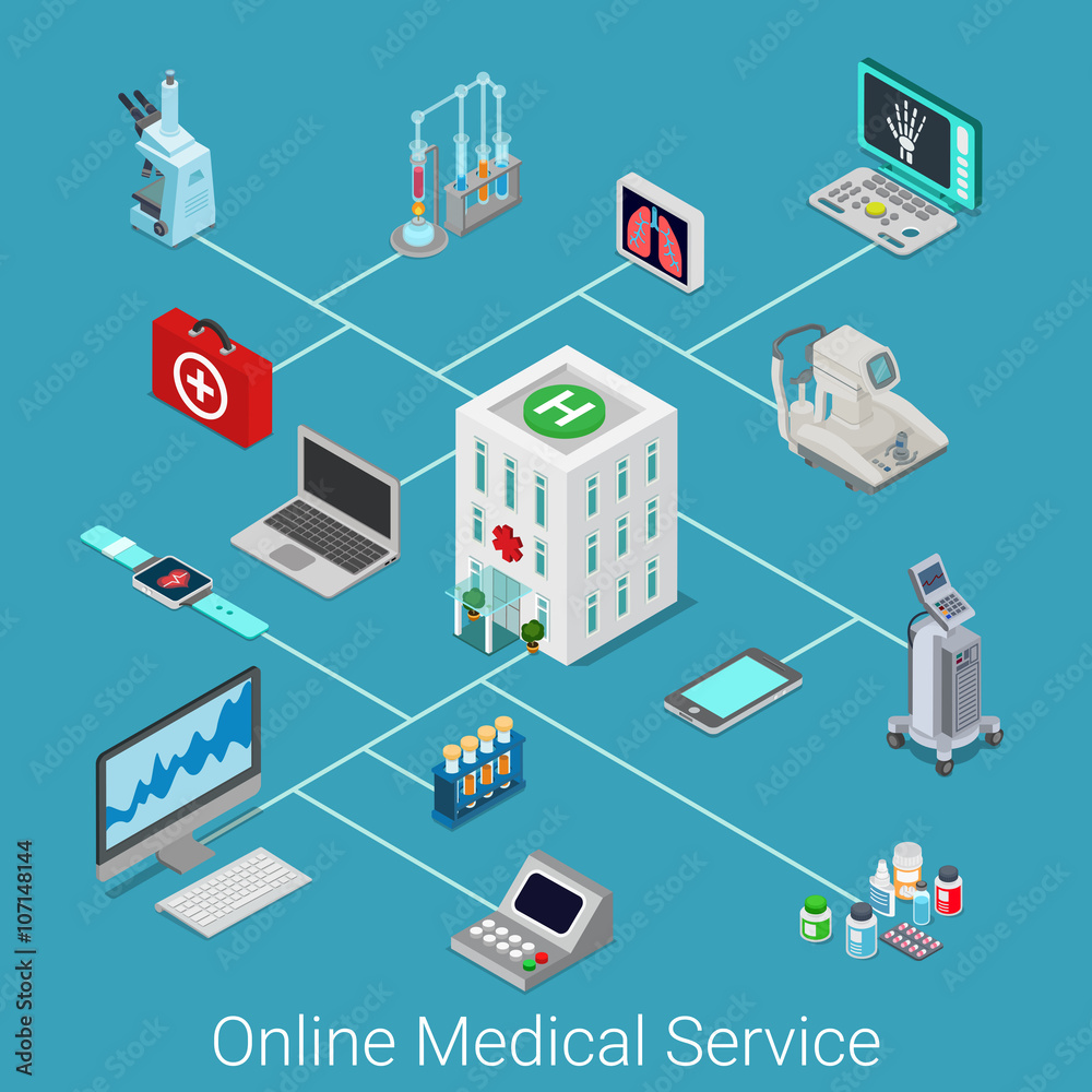 Online medical service flat 3d isometric isometry icon set Online medical service flat 3d isometric isometry icon set