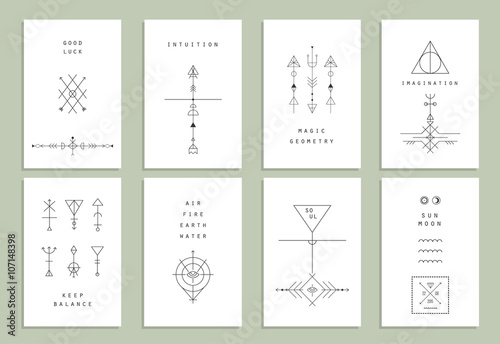 Set of vector trendy cards with geometric icons. Alchemy symbols