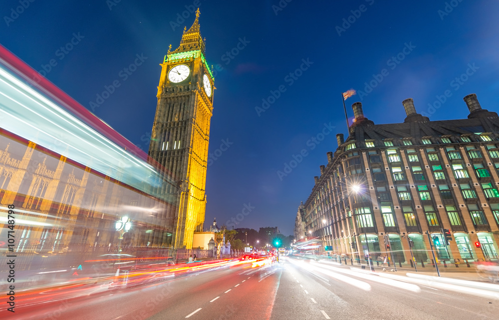 Night view of Westminster with Big Ben - London, UK
