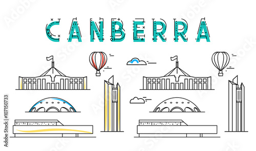 Canberra. Capital city of Australia. Sights of the capital of Australia. Stylized city. Tourist advertising. Advertising template for travel agents.  landing page for the tour operator.