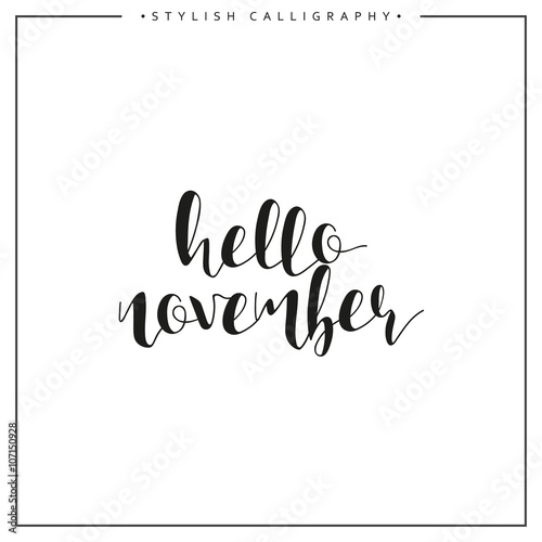 Hello november. Autumn. Time of year. Phrase in english calligraphy handmade. Stylish, modern calligraphic. Elite calligraphy. Quote. Search for design of brochures, posters web design. The calendar.