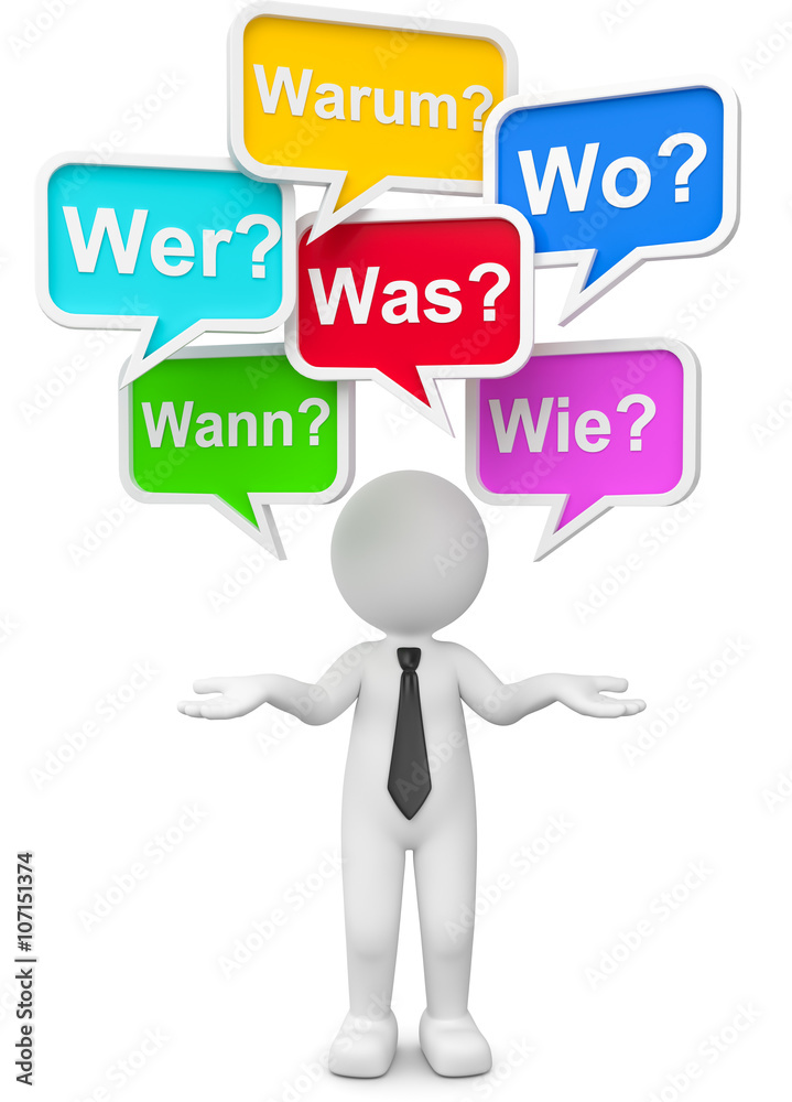 Ein nachdenklicher Geschäftsmann fragt sich wann, wo, wie, weshalb, wieso, warum, wer, mit wem?.Ein 3d Männchen mit vielen Fragen, W-Fragen in Sprechblasen sucht nach den richtigen Antworten. Ein nachdenklicher Geschäftsmann fragt sich wann, wo, wie, weshalb, wieso, warum, wer, mit wem?.Ein 3d Männchen mit vielen Fragen, W-Fragen in Sprechblasen sucht nach den richtigen Antworten.