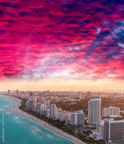 Sunset over Miami Beach skyline, helicopter view © jovannig