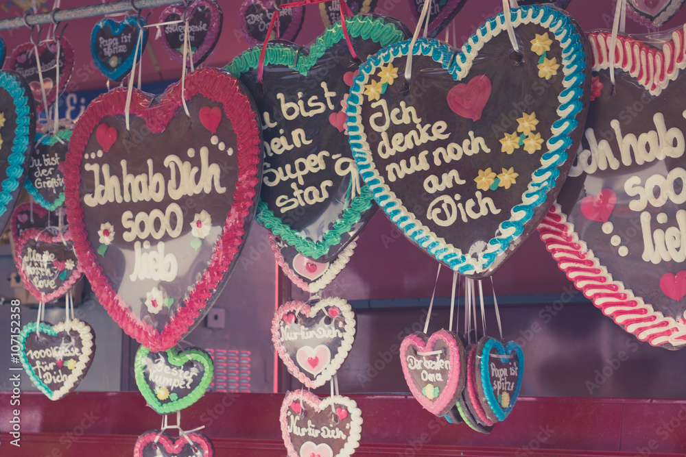 colorful gingerbread hearts at fair in germany