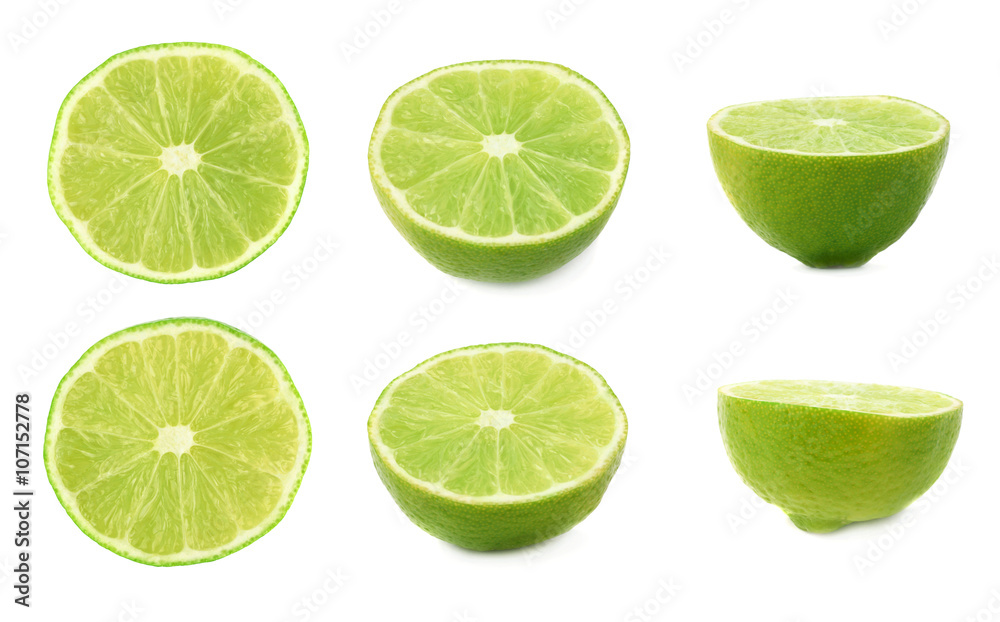 Set of ripe lime cuts in half isolated over the white background, three different foreshortenings