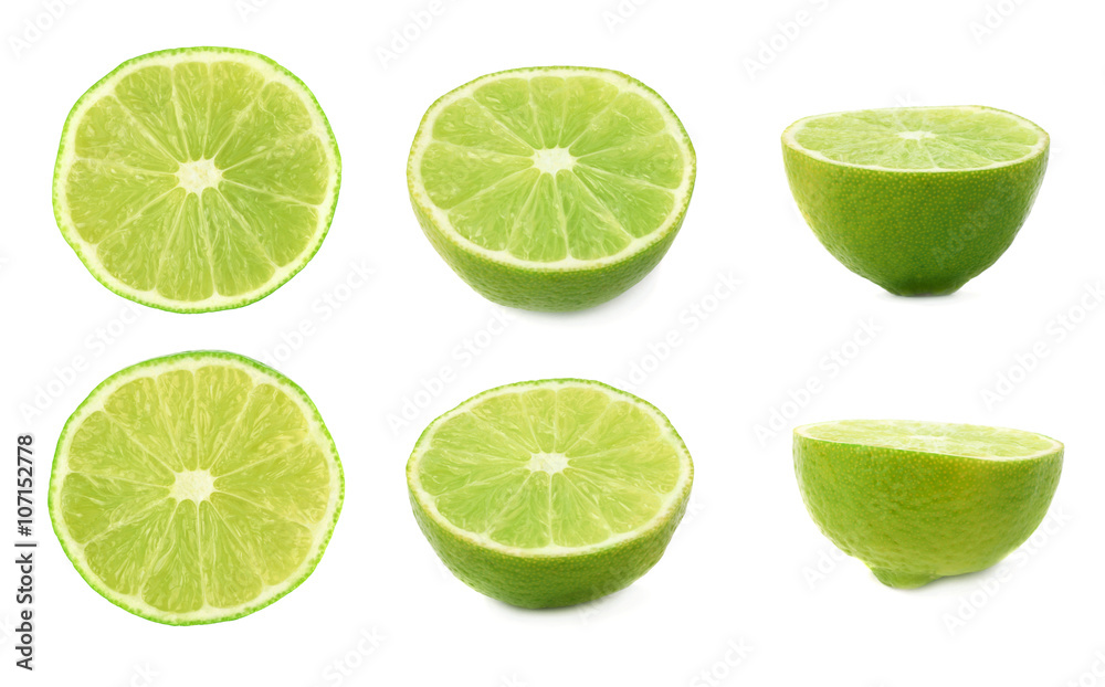 Set of ripe lime cuts in half isolated over the white background, three different foreshortenings Set of ripe lime cuts in half isolated over the white background, three different foreshortenings