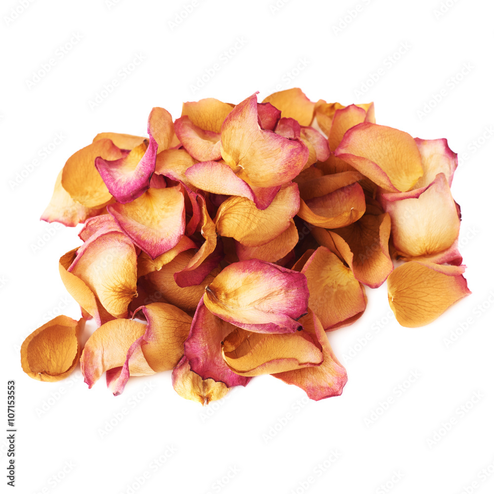 Pile of pink rose petals as a romantic composition over white background Pile of pink rose petals as a romantic composition over white background