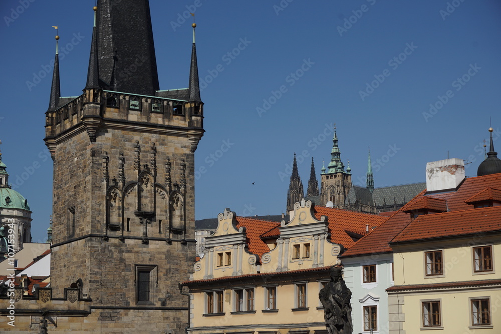 Top of the Prague castle above the red roofs in the capital city of the Czech Republic, Prague