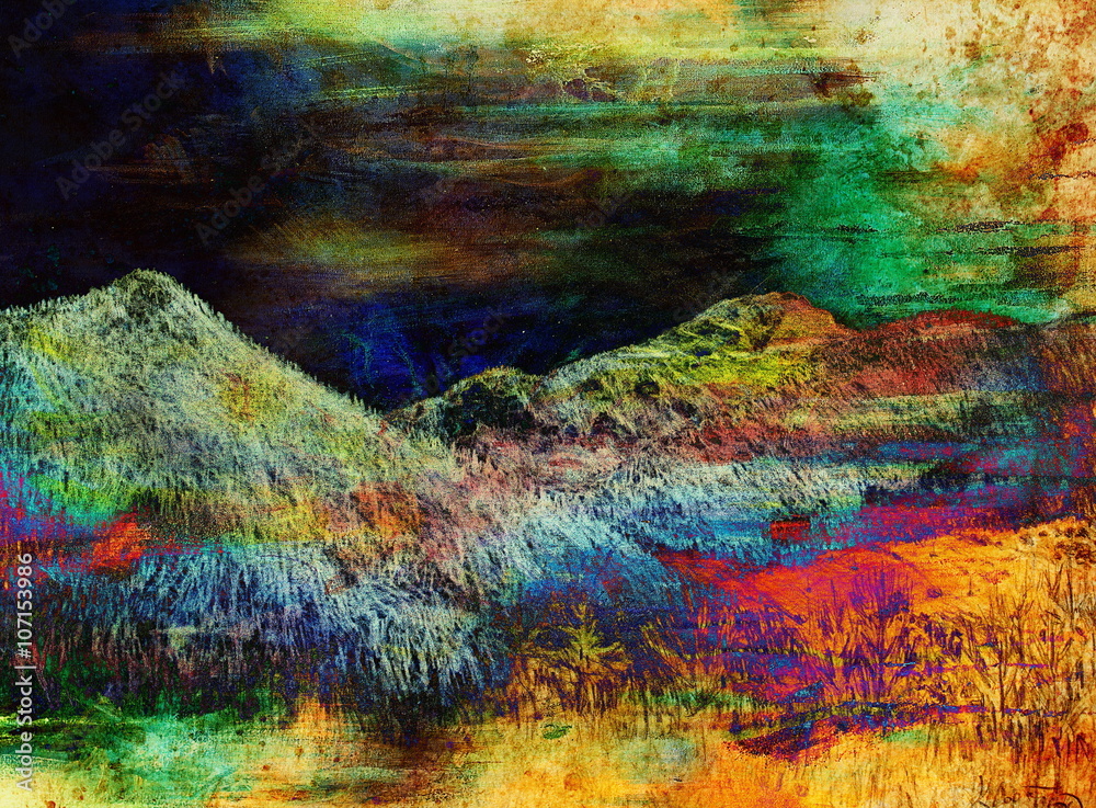 landscape painting on old paper and Color Abstract background.