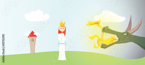 Illustration of princess and dragon myth.