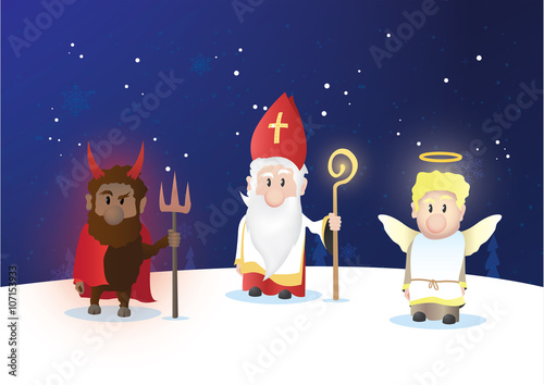 Tiny Saint Nicholas, Nicolaus, Nikolaus with shining staff. Nicolaus, angel and devil characters.