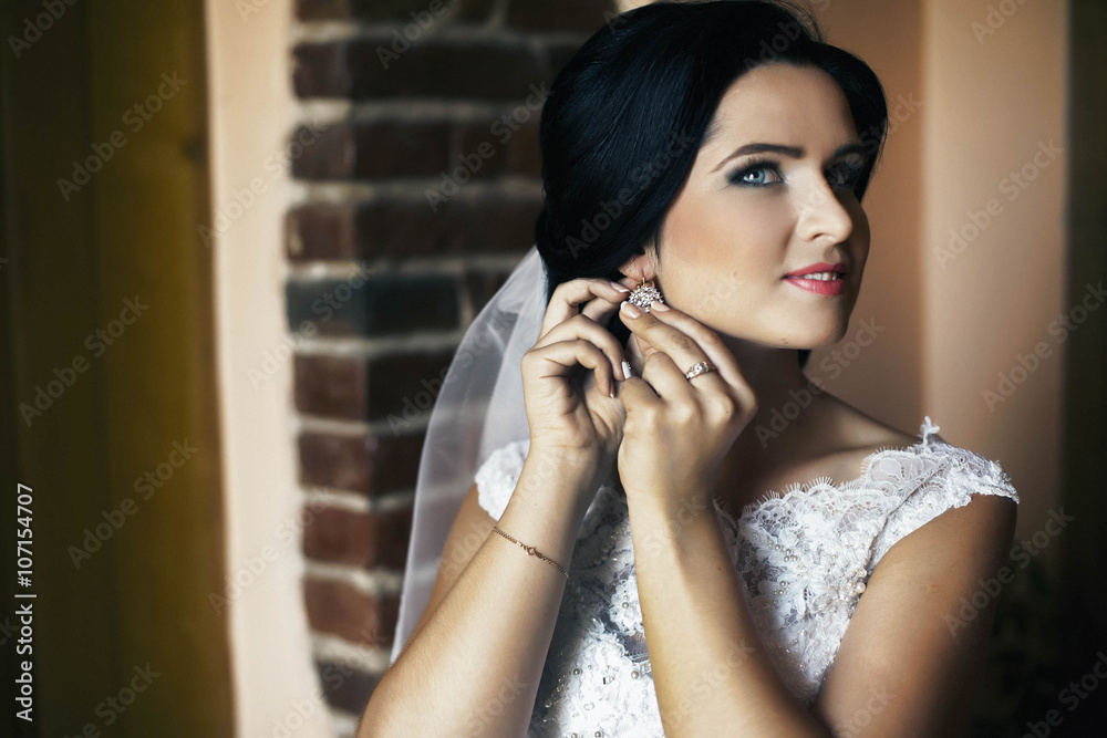 Stylish beautiful young caucasian brunette bride preparing for t Stylish beautiful young caucasian brunette bride preparing for t