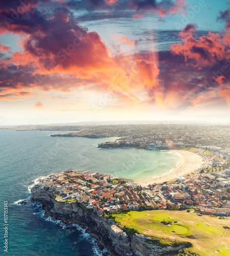 Canvas Print Sydney Bondi Beach. Sunset aerial view from helicopter