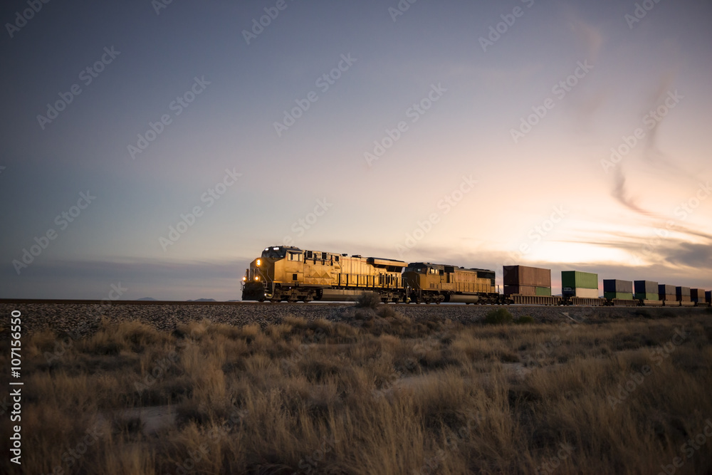 Obraz premium Cargo train traveling through desert