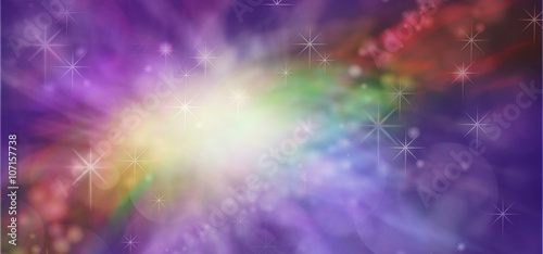 Break through the Purple Haze  - Wide purple bokeh background with random sparkles and a break through multicolored section flowing from bottom left to top right corner with a burst of white light