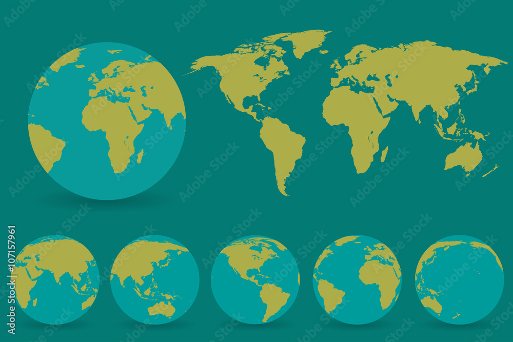 Naklejka premium Set of globes with different continents and a map earth