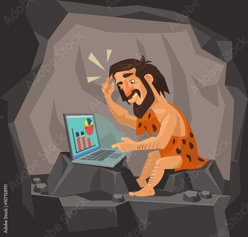 Caveman using laptop. Vector flat cartoon illustration