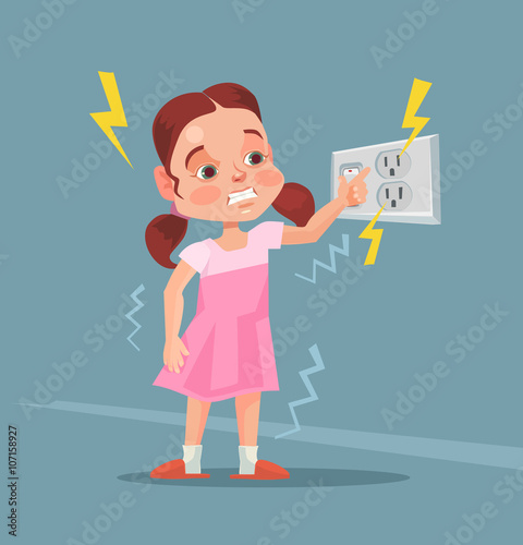 Little girl touching covered socket. Vector flat cartoon illustration