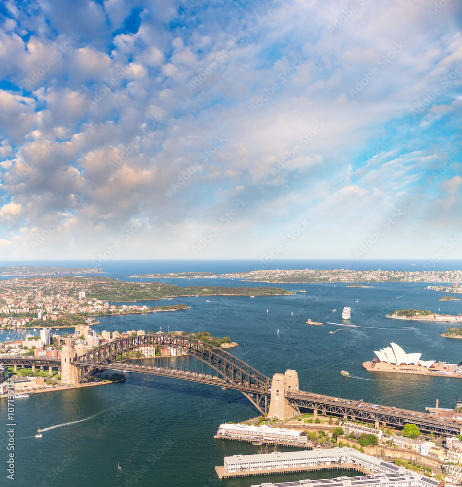Sydney Harbour Bridge. Aerial view from helicopter on a beautifu