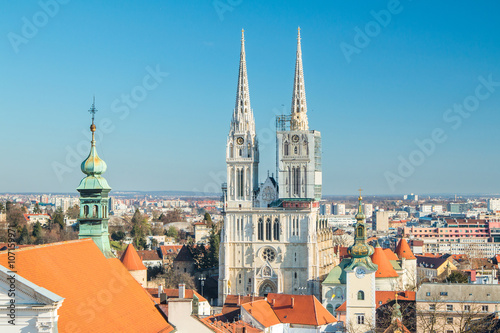 Zagreb cathedral and roof of St Catherine church from Upper town, panoramic view on center of Croatian capital