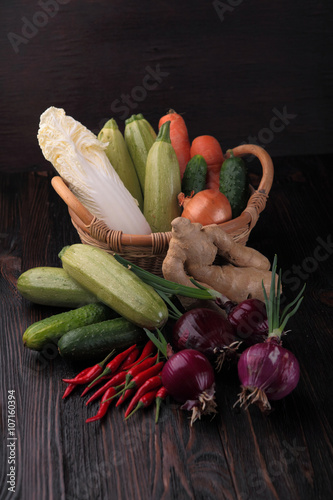 Vegetables on wood. Bio Healthy food, herbs and spices. Vegan.