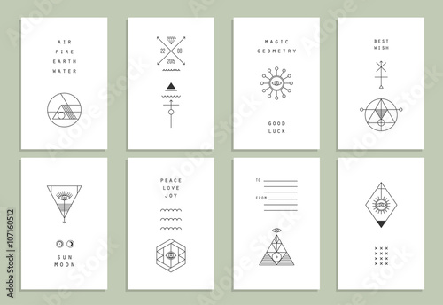 Set of vector trendy cards with geometric icons. Alchemy symbols