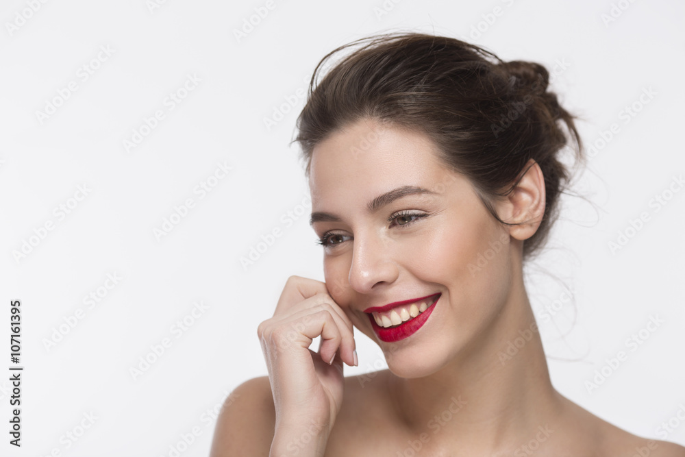 Image of a beautiful girl with red lipstick over white background Image of a beautiful girl with red lipstick over white background