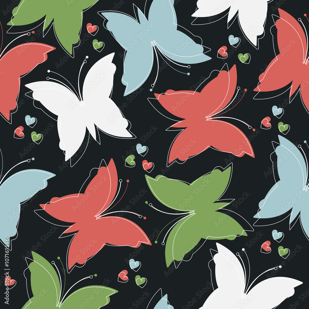 Cute endless pattern with colorful butterflies and little hearts