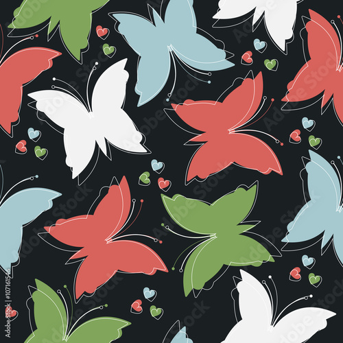 Cute endless pattern with colorful butterflies and little hearts