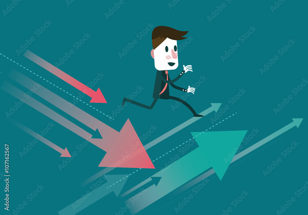 Businessman jump to the growth arrow. Finance and trading concept Businessman jump to the growth arrow. Finance and trading concept