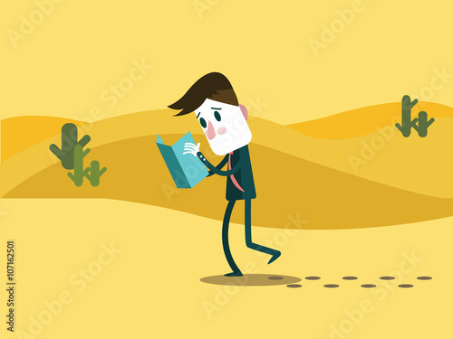 A business man watching a map. alone on a desert. business trouble