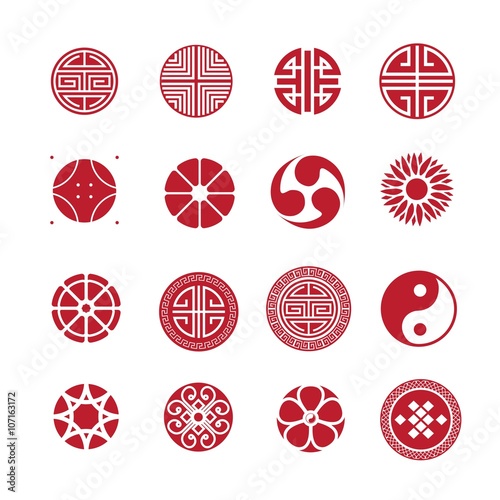 Round ornament icon, chinese, japanese, korean circle vector set