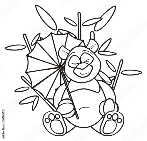 Fototapeta Naklejka Na Ścianę i Meble -  coloring, preschool, line, silhouette, umbrella, illustration, bear, panda, toy, isolated, cartoon, zoo, sit, hold, bamboo, summer