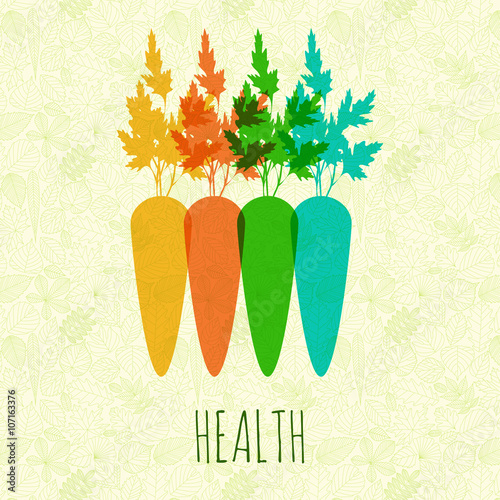 Colorful repeating carrots on abstract background with leaves. Healthy lifestyle concept. Vector illustration.
